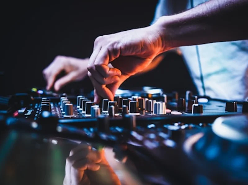 Hands mixing on a lit DJ controller
